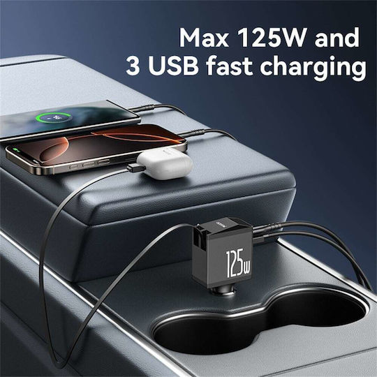 Yesido Car Charger 125W With Ports 1xUSB-A 1xType-C With Type-C Lightning Cable Black Colour