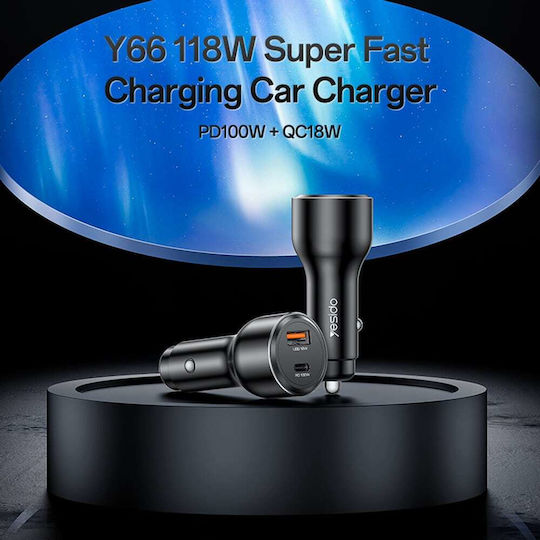 Yesido Car Charger 100W Fast Charging With Ports 1xUSB-A 1xType-C Black Colour