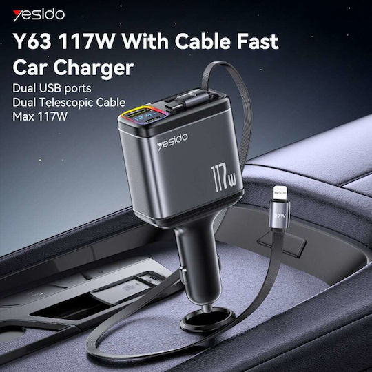 Yesido Auto-Ladegerät 117W Schnellladung mit Anschlüssen: 1xUSB 1xType-C mit Kabel Typ-C,TC-TC Gray Farbe