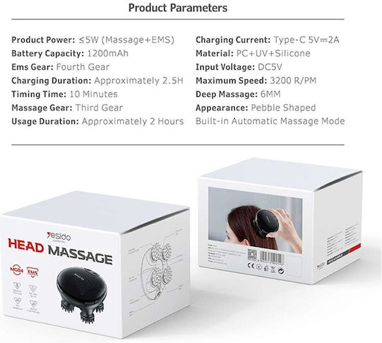 Yesido Handheld Head Massager Mg04 4 Gear Head Scratcher Electrical Muscle Stimulation 1200mAh 3200rpm Black