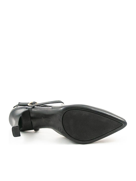 Leather Pointed Toe Black Heels with Strap