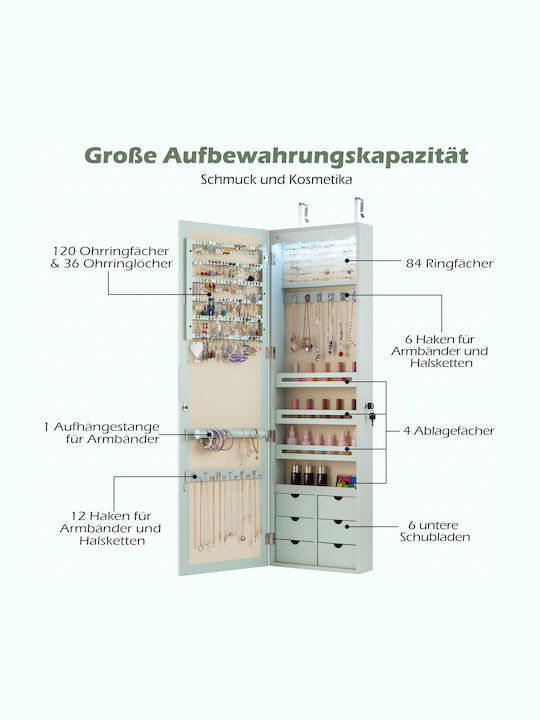 Costway Jewellery Cabinet Led Locked Wall-Mounted Mirror Door & 6 Drawers Green Hw63090gn