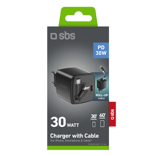 SBS Φορτιστής με Ενσωματωμένο Καλώδιο GaN με Θύρα USB-C USB-C 30W Power Delivery Μαύρος (TETRRET30WK)