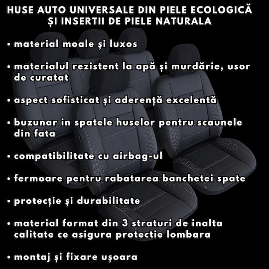 Smartic Huse Scaune Auto Atlas Piele Ecologică Inserții Din Piele Naturală 11 Piese Compatibile Cu Airbag Pliabile Material În 3 Straturi Negru Gri