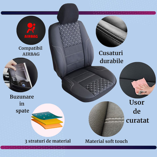 Smartic Huse Scaune Auto Queen Piele Sintetica Eco Piese Din Piele Naturala 11 Bucati Compatibile Cu Airbag Pliabile Material 3 Straturi Negru Gri