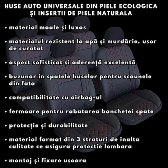 Smartic Huse Scaune Auto Queen Piele Sintetica Eco Piese Din Piele Naturala 11 Bucati Compatibile Cu Airbag Pliabile Material In 3 Straturi Negru Rosu