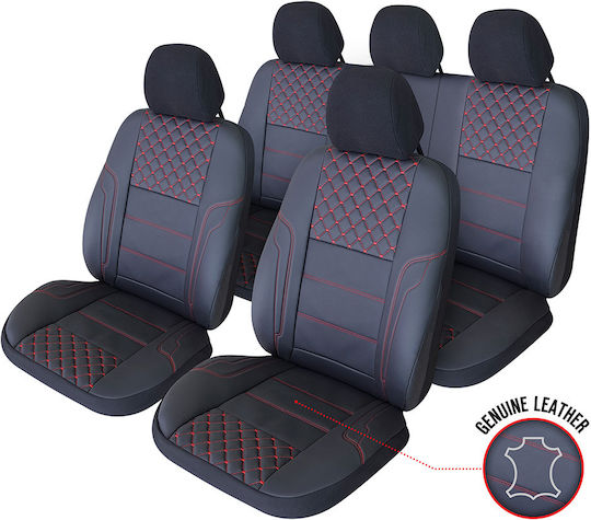 Smartic Huse Scaune Auto Queen Piele Sintetica Eco Piese Din Piele Naturala 11 Bucati Compatibile Cu Airbag Pliabile Material In 3 Straturi Negru Rosu