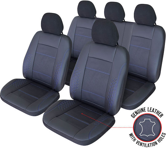 Smartic Huse Scaune Auto Atlas Piele Ecologică Inserții Din Piele Naturală 11 Piese Compatibile Cu Airbag Rabatabile Material În 3 Straturi Negru Albastru