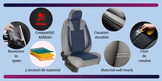 Set De Capace Pentru Scaune Auto Smartic Lux 11 Piese Compatibil Airbag Pliabil Material În 3 Straturi Albastru