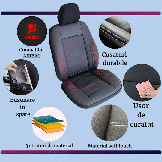 Smartic Huse Scaune Auto Atlas Piele Ecologică Inserții Din Piele Naturală 11 Piese Compatibile Cu Airbag Pliabile Material În 3 Straturi Negru Roșu
