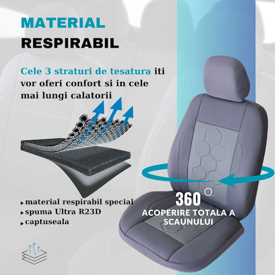 Smartic Huse Scaune Auto Piele Eco Piele Perforată Inserții S08 11 Piese Compatibile Airbag Pliabile Material 3 Straturi Gri