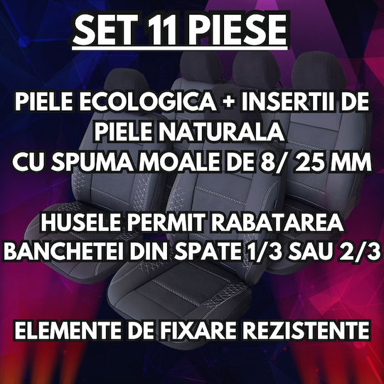Smartic Huse Scaune Auto Atlas Piele Ecologică Inserții Din Piele Naturală 11 Piese Compatibile Cu Airbag Pliabile Material În 3 Straturi Negru Gri
