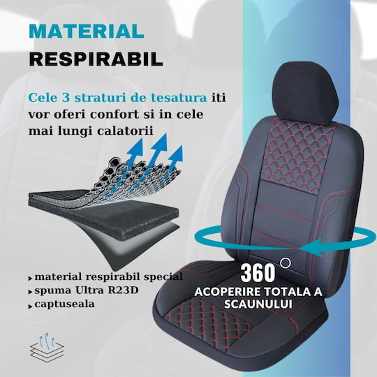 Smartic Huse Scaune Auto Queen Piele Sintetica Eco Piese Din Piele Naturala 11 Bucati Compatibile Cu Airbag Pliabile Material In 3 Straturi Negru Rosu