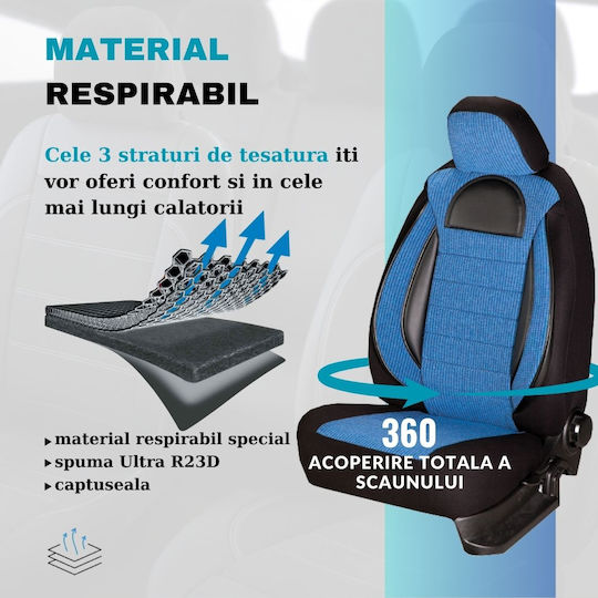 Smartic Car Seat Covers Set Racing 11 Pieces Airbag Compatible Foldable 3 Layers Material Blue