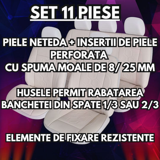 Smartic Huse Scaune Auto Piele Eco Piele Perforată Inserții S07 11 Piese Compatibile Airbag Pliabile 3 Straturi Material Bej