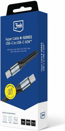 3MK USB 2.0 Cable USB-C male - USB-C 60W PD Μαύρο 2m