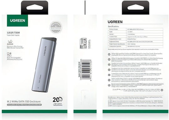 Ugreen Θήκη για Σκληρό Δίσκο M.2 SATA III NVME με σύνδεση SATA USB 3.2 Serial Type-C