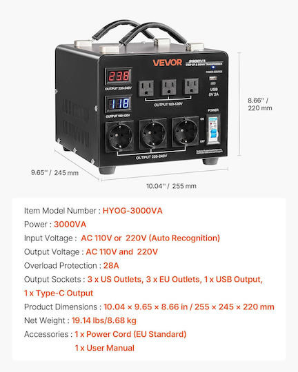 Vevor SXDYZHQZD110T6EC7001V2 Transformator de la 220V la 110V 3000VA