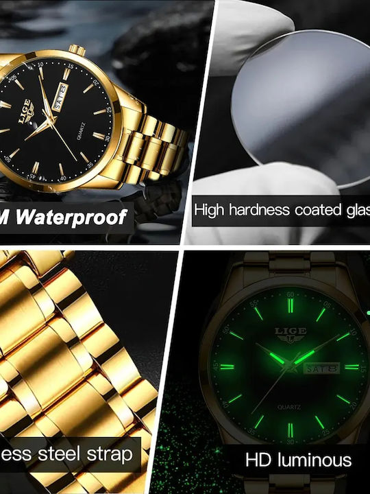 Lige Ceas Bărbați 39mm Baterie Cu Brățară Din Metal Aurie
