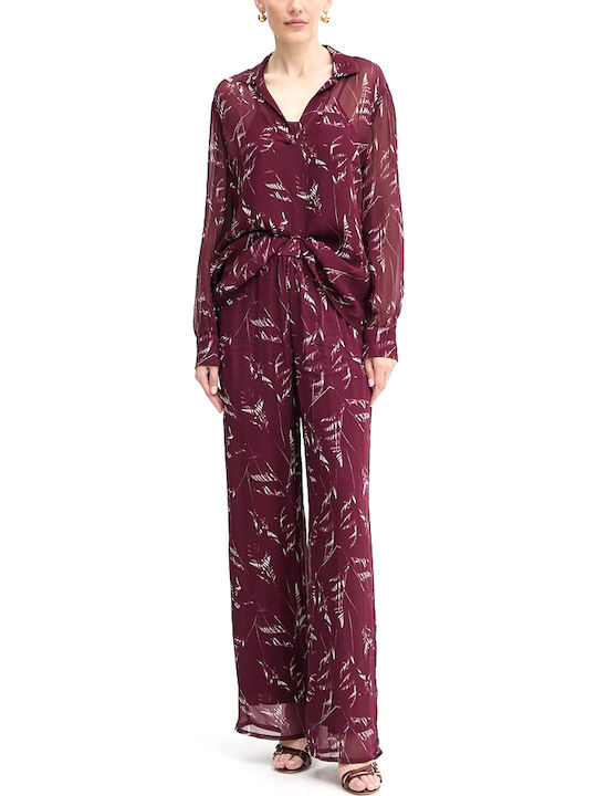 Women's Blouse Long Sleeve with V Neckline Floral Λευκό-μπορντώ