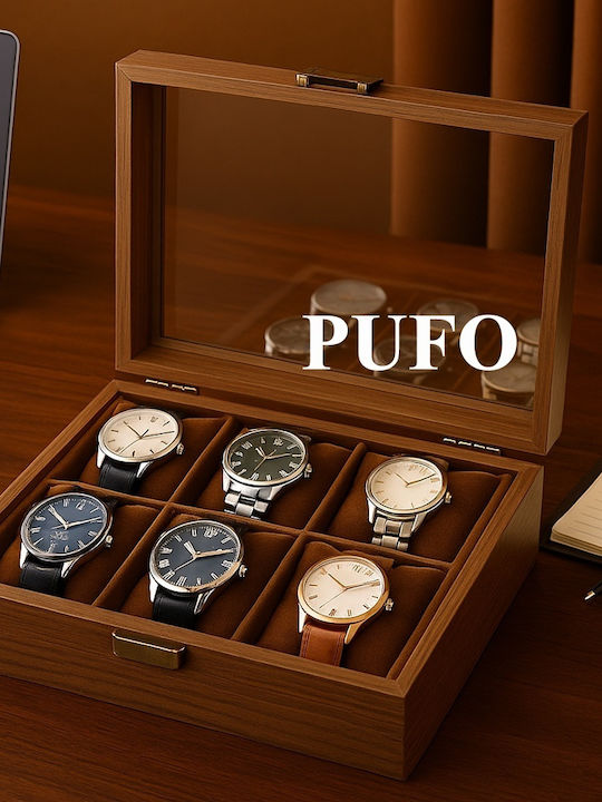 Elegant Wooden Watch Case Storage Organizer 6 Watches Pufo Noble Model Brown