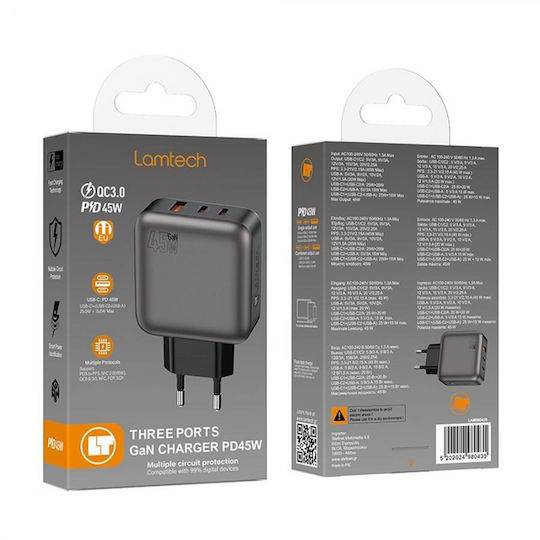 Lamtech Charger Without Cable GaN with USB-A Port and 2 USB-C Ports 45W Power Delivery Gray (LAM980435)