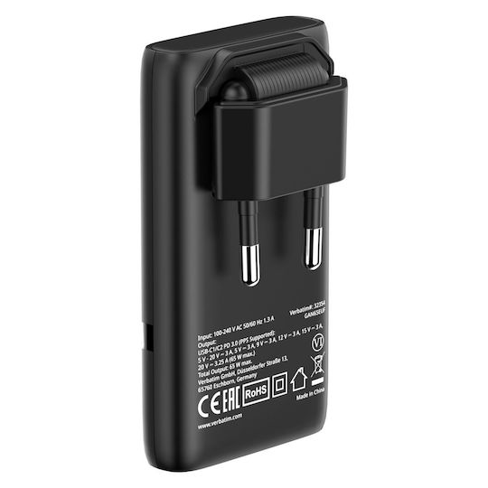 Verbatim Φορτιστής Χωρίς Καλώδιο GaN με 2 Θύρες USB-C 65W Power Delivery Μαύρος (Fold 'n' Go)
