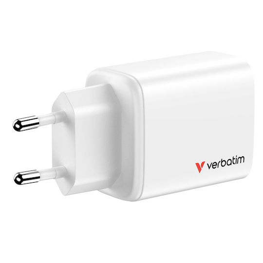 Verbatim Charger Without Cable GaN with USB-A Port and 2 USB-C Ports 65W Power Delivery / Quick Charge 3.0 Whites (Essentials)