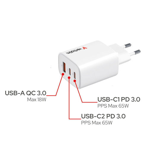 Verbatim Charger Without Cable GaN with USB-A Port and 2 USB-C Ports 65W Power Delivery / Quick Charge 3.0 Whites (Essentials)
