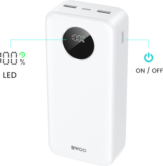 BWOO Power Bank 30000mAh 22.5W με 2 Θύρες USB-A και Θύρα USB-C Power Delivery / Quick Charge 3.0 Λευκό