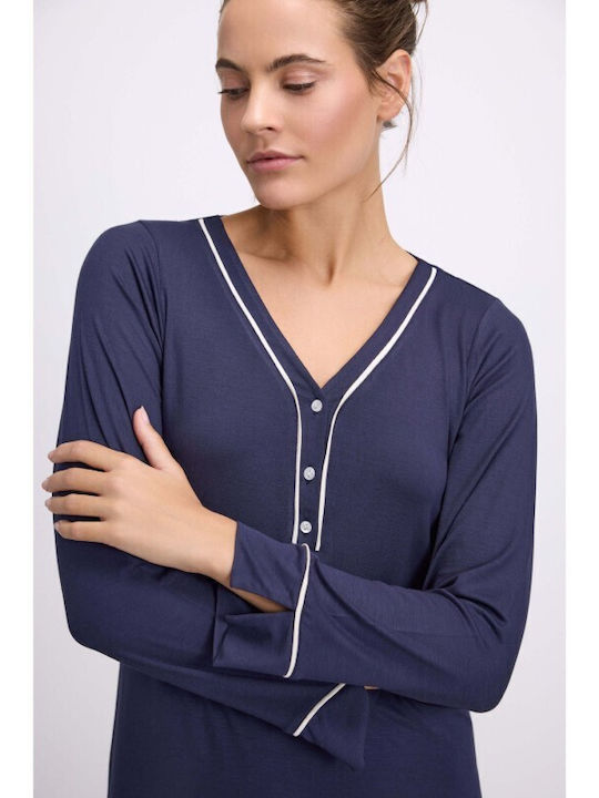 GoldenBay Зимна Дамска Нощница Navy Blue
