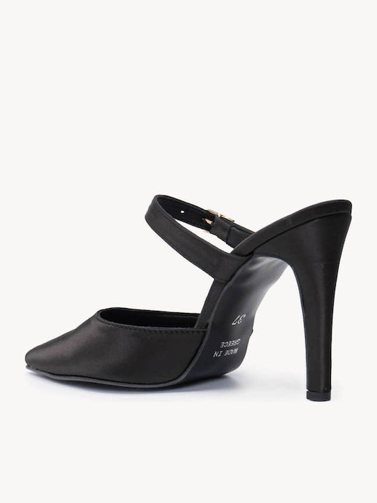 Schwarze Satinkleider Pumps Offene Ferse Barette