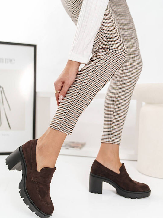 Brown Loafers Heel Fabric Tassel