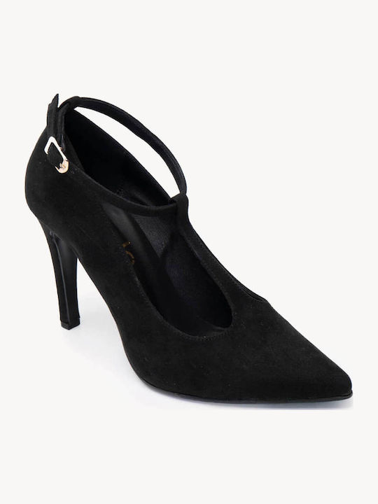 Μαύρες Suede T-bar Γόβες Δερμάτινο Πάτο