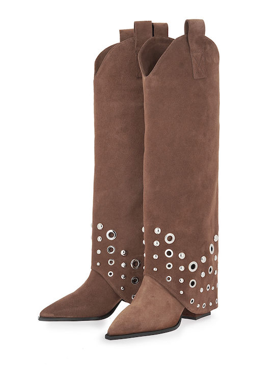 Suede Medium Heel Women's Boots Tabac Brown