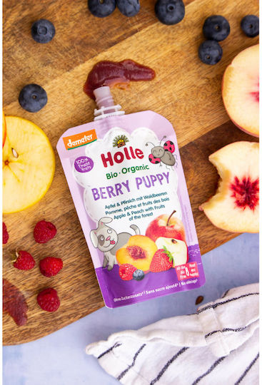 Holle Fruit-Vegetable Puree Berry Puppy Apple & Peach With Fruits of the Forest with Flavor Berry Puppy Apple, Peach & Forest Fruits No Added Sugar 100gr for 8+ Months
