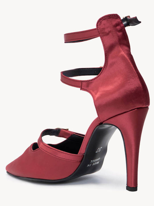 Burgundy Satin Heels Double Bar Leather Insole