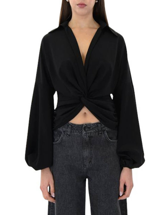 Women's Blouse Long Sleeve with V Neckline Black