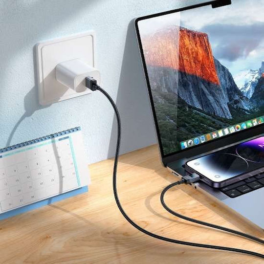 Hoco X118 Braided / LED USB-A to Lightning Cable 12W Μαύρο 1m