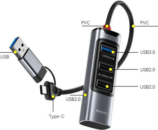 Yesido HB19 USB 3.0 Hub 4 Anschlüsse mit USB-A / USB-C Verbindung Gray