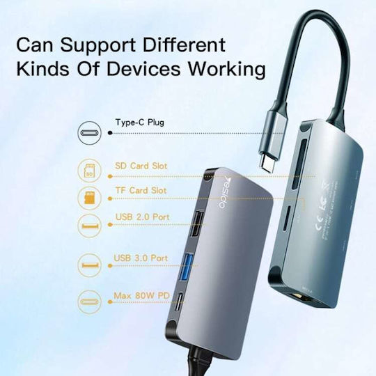 Yesido HB15 3-Port USB 3.0 Hub with USB-C Connection and Ethernet Gray