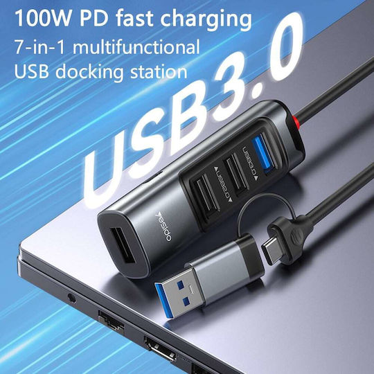 Yesido HB20 Hub 4 Θυρών USB 3.0 με σύνδεση USB-A / USB-C Γκρι