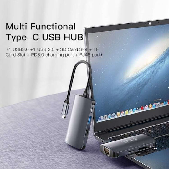 Yesido HB15 3-Port USB 3.0 Hub with USB-C Connection and Ethernet Gray
