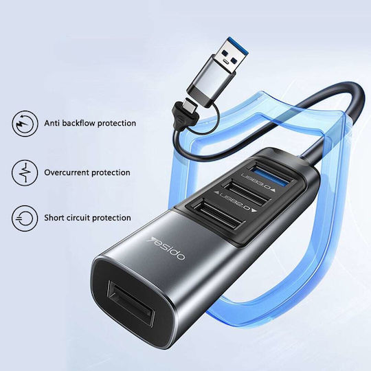 Yesido HB20 Hub 4 Θυρών USB 3.0 με σύνδεση USB-A / USB-C Γκρι
