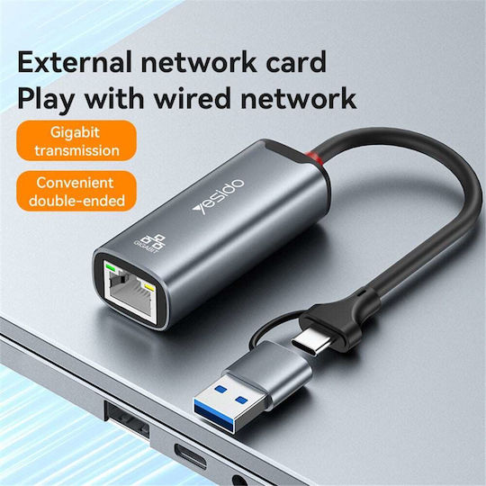 Yesido Αντάπτορας Δικτύου USB-C με Ενσύρματη Σύνδεση Gigabit Ethernet