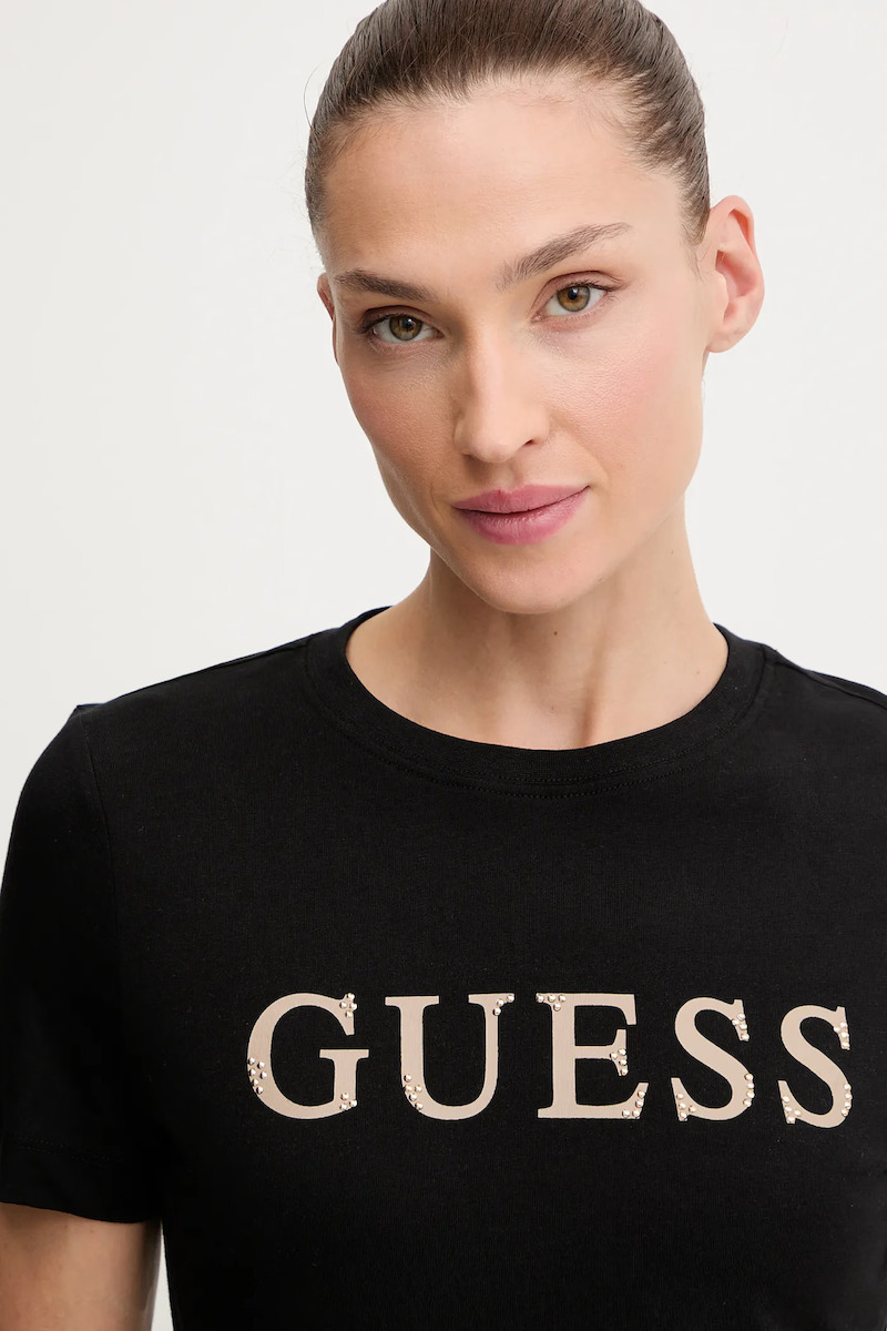 T-shirt Guess Femme Noir Avec Motif Doré - Taille XS - Coton, Occasion Très Bon état