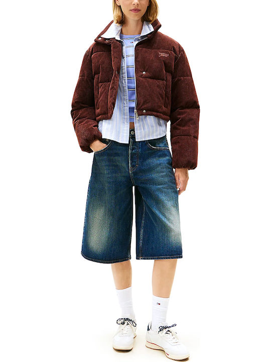 Women's Crop Puffer Jacket for Winter Brown
