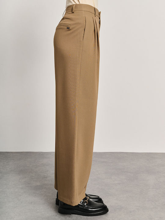 Women's High-waisted Fabric Trousers Loose Fit Cappuccino