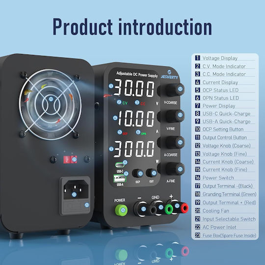 Sursă de Alimentare de Laborator 32 V 10 A DC Reglaj Fin Grosier prin Encoder Usb-c Usb-a 20 W Protecție la Supracurent OCP Ventilator de Răcire Intrare AC115V/230V Jesverty