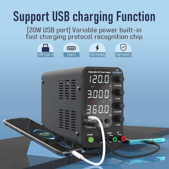 Sursă de Alimentare de Laborator 120 V 3 A Reglaj Fin Grosier Usb-c Usb-a 20 W Protecție la Supracurent Ocp Ventilator de Răcire Intrare Ac115v/230v Jesverty